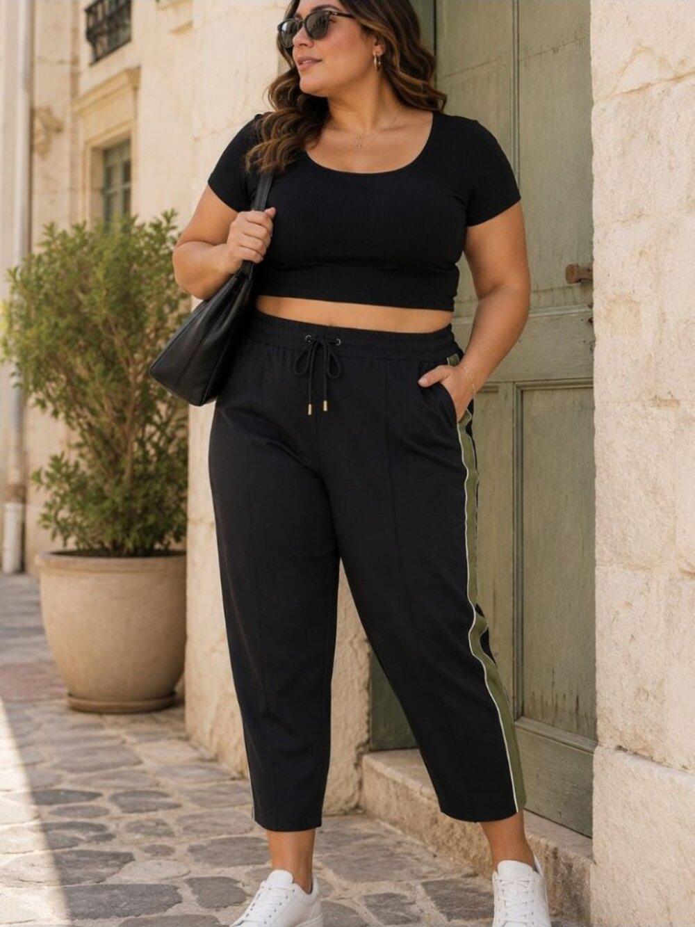 ME+EM Side Stripe Track Pants Black Green Size 16 Pull On Athleisure Casual